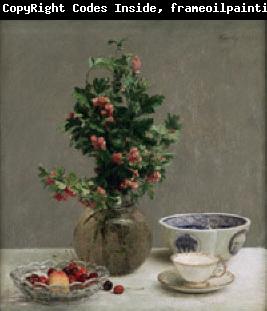 Henri Fantin-Latour Still Life with Vase of Hawthorn, Bowl of Cherries, Japanese Bowl, and Cup and Saucer